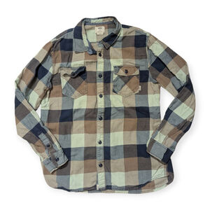 Vans Plaid Flannel Button Down Shirt Large Brown Blue